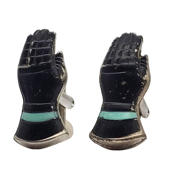Black Glove Hands Cufflinks Turquoise Enamel Knight Gothic Gauntlet Silver Tone - Picture 1 of 5
